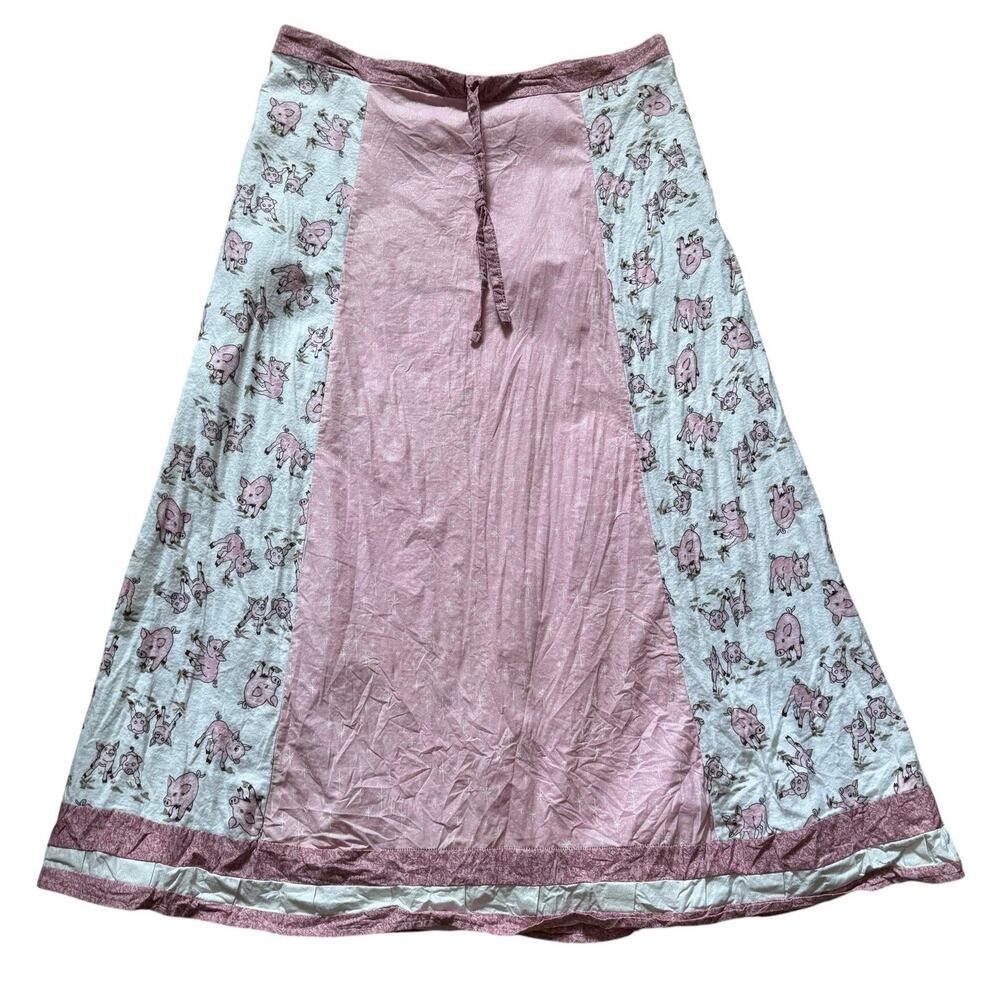 Handmade Pig Print Pink Farm Tie Waist Prairie Maxi Skirt Artsy Homestead L/XL